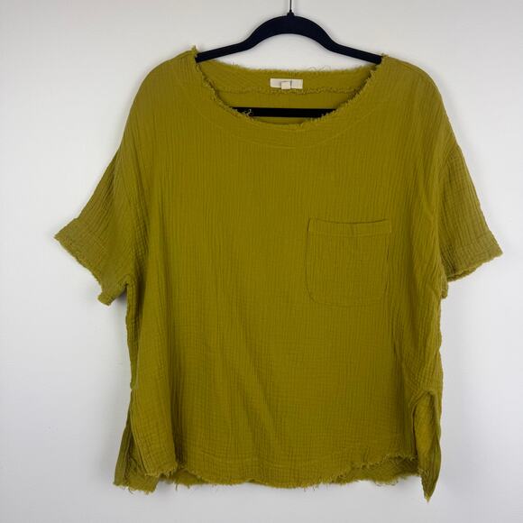 Easel Womens Scoop Neck Frayed Cotton Short Sleeve Mustard Yellow Blouse Small - Picture 1 of 10